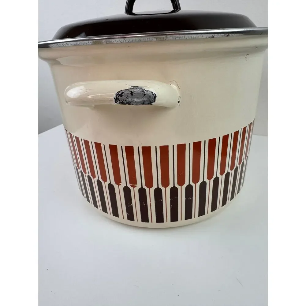 Vintage Moneta MCM Beige Brown Stock Pot 8-Quart Enamel with Lid Made in Italy